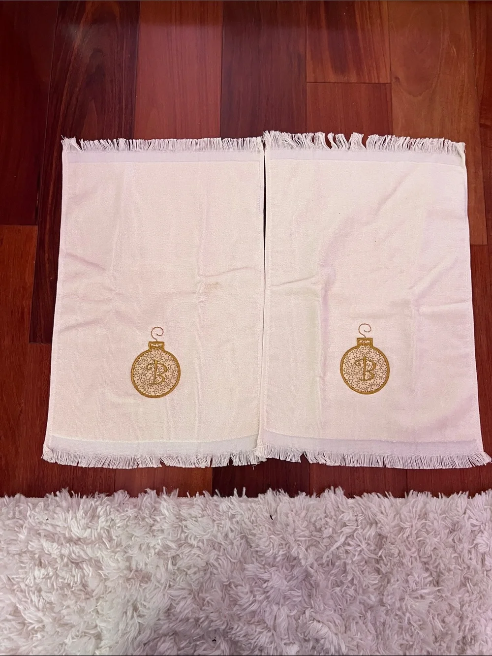 Handmade Embroidered Monogram Christmas Ornament Guest Towels Set of 2